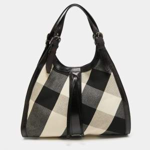 Pre Owned Burberry Black/Beige Mega Check Canvas and Leather Kensington Bag