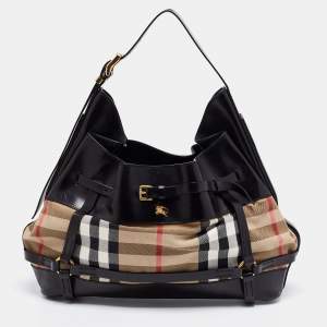 Pre Owned Burberry Black/Beige House Check Canvas and Leather Bridle Hobo