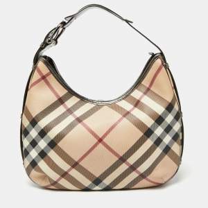 Pre Owned Burberry Metallic/Beige Nova Check Coated Canvas and Leather Barton Hobo