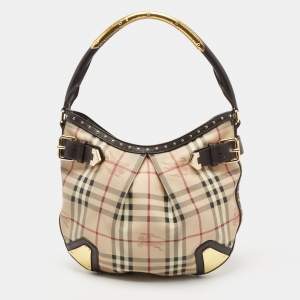 Pre Owned Burberry Beige/Brown Haymarket Check Coated Canvas and Leather Hobo