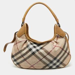 Pre Owned Burberry Beige Embossed Nova Check Coated Canvas Brooklyn Hobo
