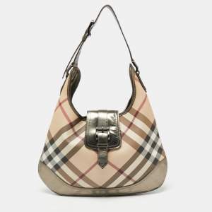 Pre Owned Burberry Metallic/Beige Nova Check PVC and Glossy Leather Brooke Hobo