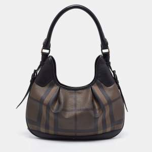 Pre Owned Burberry Brown/Black Nova Check PVC and Leather Small Brooklyn Hobo