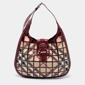 Pre Owned Burberry Beige/Red Nova Check Patent Leather And PVC Warrior Brooke Hobo