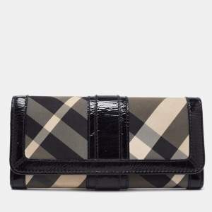 Pre Owned Burberry Black Beat Check Nylon and Patent Leather Penrose Continental Wallet