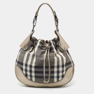 Pre Owned Burberry Grey/Gun Metal Leather and House Check Fabric Drawstring Hobo
