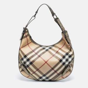 Pre Owned Burberry Green/Beige Nova Check PVC and Patent Leather Buckle Hobo