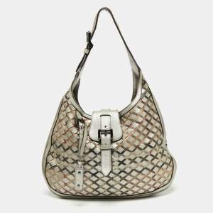 Pre Owned Burberry Silver/Beige Grey Haymarket Check Coated Canvas and Leather Brooke Hobo