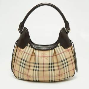 Pre Owned Burberry Brown/Beige Haymarket Check PVC and Leather Small Brooklyn Hobo