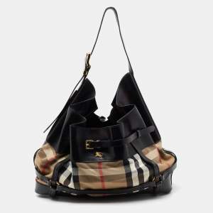 Pre Owned Burberry Black/Beige House Check Canvas and Leather Bridle Hobo