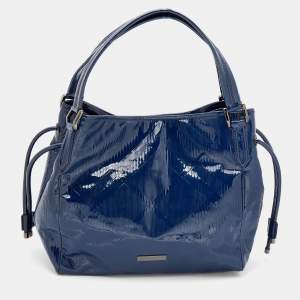 Pre Owned Burberry Blue Check Patent Leather Tote