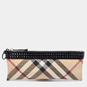 Pre Owned Burberry Beige/Black Nova Check PVC and Patent Leather Studded Wristlet Clutch