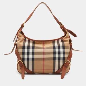 Pre Owned Burberry Beige/Brown House Check Canvas and Leather Hobo