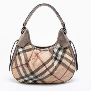 Pre Owned Burberry Beige/Grey Nova Check  Embossed Coated Canvas Brooklyn Hobo