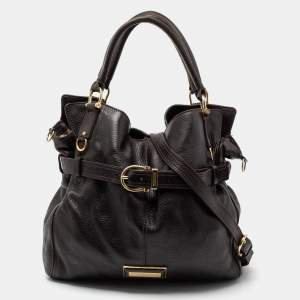 مملوكة مسبقًا Burberry Dark Brown Pebbled Leather Belted Tote