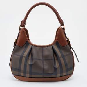 Pre Owned Burberry Brown Smoked Check PVC and Leather Brooklyn Hobo