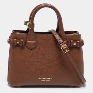 مملوكة مسبقًا Burberry Brown Leather and House Check Fabric Small Banner Tote