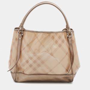 Pre Owned Burberry Metallic Beige Exploded Check PVC and Leather Tote