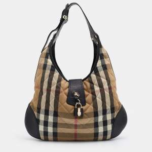 Pre Owned Burberry Beige/Black Quilted House Check Canvas And Leather Brooke Hobo