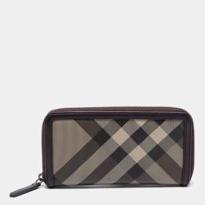 مملوكة مسبقًا Burberry Brown Coated Canvas And Leather Smoked Check Zip Around Wallet