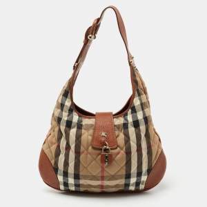 Pre Owned Burberry Tan Quilted House Check Canvas and Leather Brooke Hobo