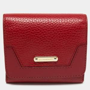Pre Owned Burberry Red Leather Logo Trifold Compact Wallet