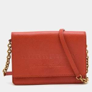 Pre Owned Burberry Orange Leather Wallet On Chain