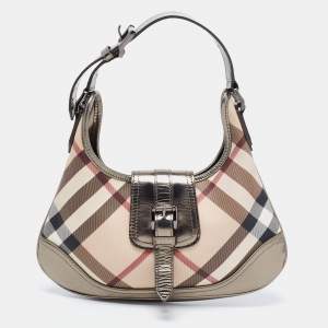 مملوكة مسبقًا Burberry Beige/ Metallic Grey Leather Nova Check Coated Canvas Brooke Hobo 