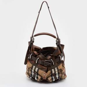 Pre Owned Burberry Beige/Brown House Check Canvas and Leather Front Pocket Hobo