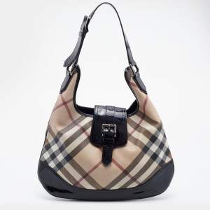 Pre Owned Burberry Black/Beige Nova Check PVC and Patent Leather Brooke Hobo