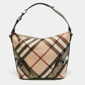 Pre Owned Burberry Beige Supernova Check Coated Canvas and Patent Leather Hobo