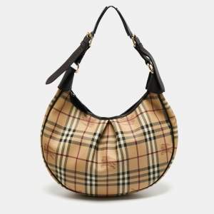 Pre Owned Burberry Beige/Dark Brown Haymarket Check PVC and Leather Pleated Hobo