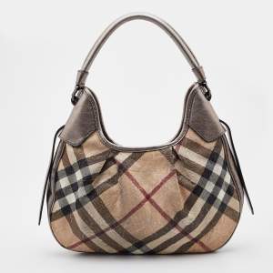 Pre Owned Burberry Beige/Metallic Embossed Nova Check Coated Canvas and Leather Brooklyn Hobo