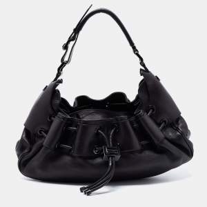 Pre Owned Burberry Black Leather Warrior Drawstring Hobo