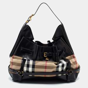 مملوكة مسبقًا Burberry Black/Beige House Check Canvas and Leather Bridle Hobo