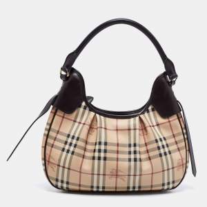 Pre Owned Burberry Brown/Beige Haymarket Check PVC and Leather Brooklyn Hobo
