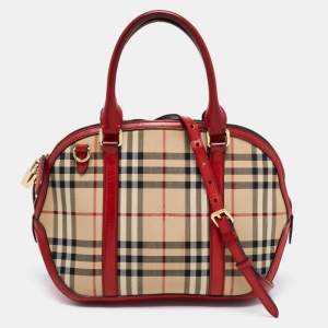 Pre Owned Burberry Red/Beige Horseferry Check Canvas and Leather Small Orchard Bowler Bag