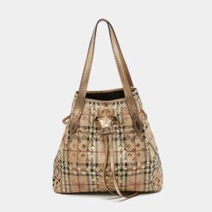 Pre Owned Burberry Gold/Beige Laser Cut Haymarket Check Coated Canvas and Leather Drawstring Shoulder Bag