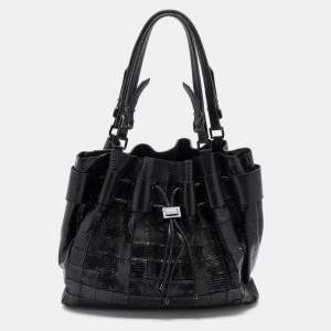 Pre Owned Burberry Black Lizard Embossed Leather Patchwork Drawstring Bag