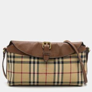 Pre Owned Burberry Beige/Brown Haymarket Check Canvas and Leather Crossbody Bag