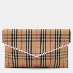 Pre Owned Burberry Beige/Silver Haymarket Canvas and Leather Envelope Flap Wallet