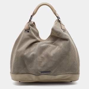 Pre Owned Burberry Beige Perforated Suede and Leather Oversized Hobo