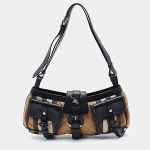 Pre Owned Burberry Beige/Black Quilted House Check Canvas and Leather Shoulder Bag