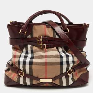 Pre Owned Burberry Burgundy House Check Fabric and Leather Large Bridle Lynher Tote