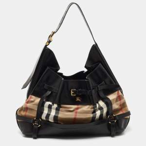 Pre Owned Burberry Black/Beige House Check Canvas and Leather Bridle Shoulder Bag