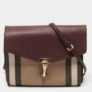 Pre Owned Burberry Burgundy House Check Canvas and Leather Macken Crossbody Bag