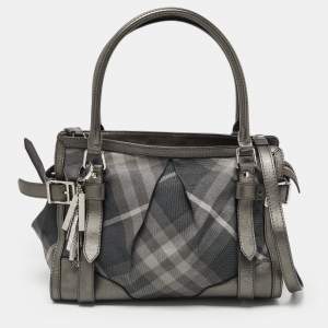 Pre Owned Burberry Metallic Grey Shimmer Beat Check Canvas and Leather Lowry Tote