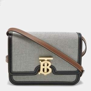 Pre Owned Burberry Black/Grey Canvas and Leather Small TB Shoulder Bag
