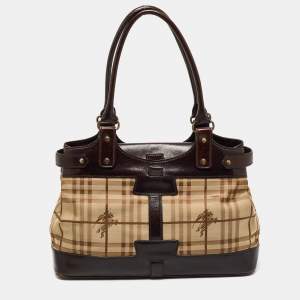 Pre Owned Burberry Beige/Brown Haymarket Check Canvas and Leather Shoulder Bag