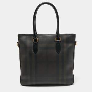 Pre Owned Burberry Brown/Black London Check Coated Canvas and Leather Shopper Tote